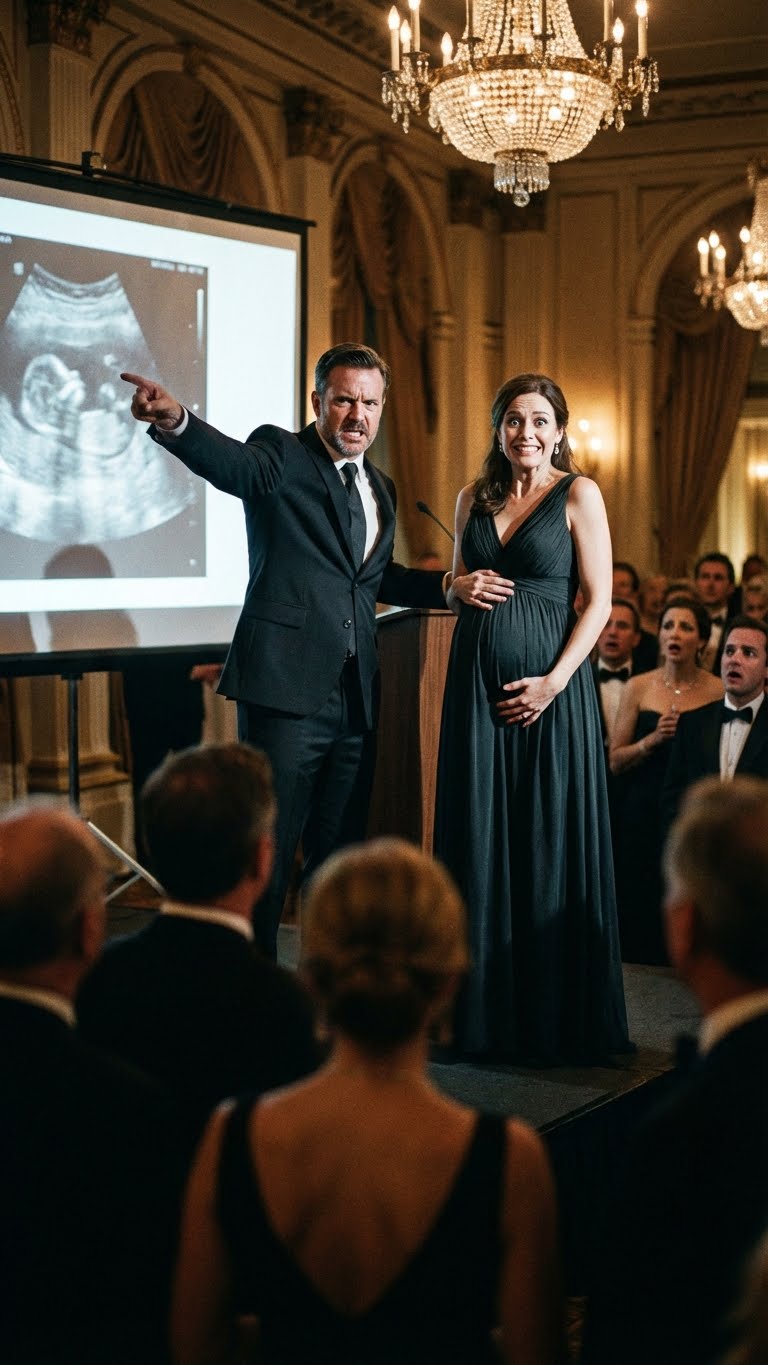 In the glittering hall, the sister-in-law passed around an ultrasound, asking for donations. Dr. Vance stood up without warning and projected the image for everyone to see. He pointed at the medical code and said flatly, “This isn’t a pregnancy scan.” Murmurs rippled through the room. “It’s a stomach cancer case I operated on this morning.”
