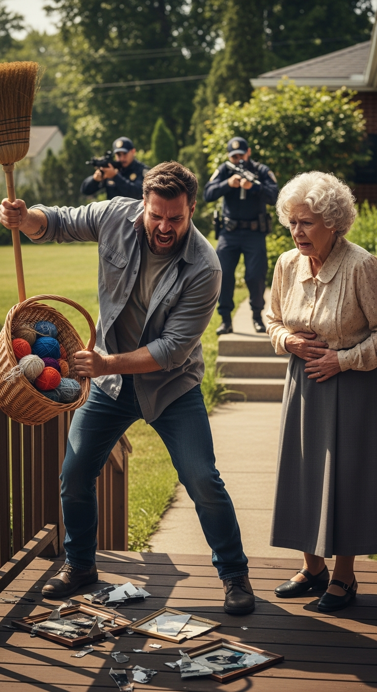 I arrived to find my mother trembling amidst her shattered heirlooms, while my cousin brandished a forged will, screaming with venom, “Get lost, old hag! This kingdom is mine now!” I didn’t waste breath arguing with the lunatic; I simply helped her into the car and dialed a classified number, whispering one command: “Activate the trap. He took the bait.” Thirty minutes later, the silence was shattered not by local patrol cars, but by an armed tactical unit swarming the yard. The commander slammed cuffs on my paralyzed cousin, his voice dropping to a terrifying whisper: “You’re under immediate arrest—not for a property dispute, son, but for forging a Federal seal to hijack a high-level intelligence safe house.”