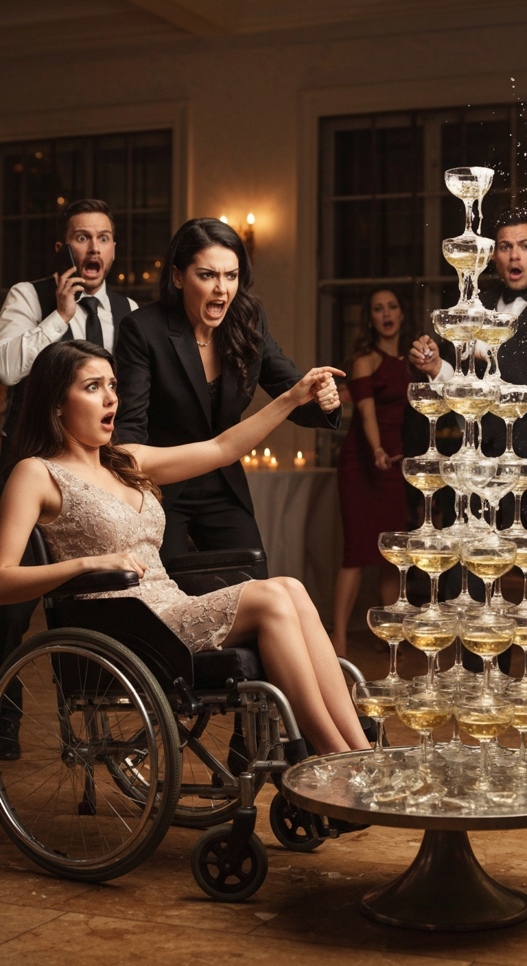 Sister told guests I was faking paralysis for pity, then pulled me from my chair into a $10k champagne tower—what she didn’t see was who was already dialing 911 behind her.