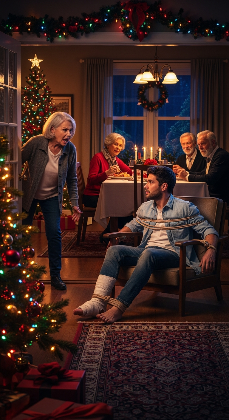 My son texted me to stay away for christmas. i didn’t listen. that night, i found him chained up with a broken leg, while his cruel in-laws feasted like kings in his own home! what i did next to save my boy became a legend.