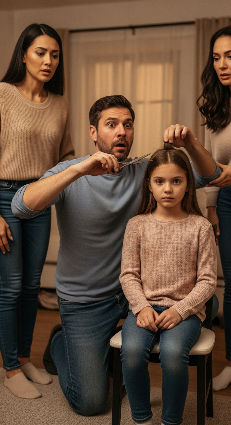 My husband came home from a work assignment and started trimming our 8-year-old daughter’s hair, just like he always did. But then he froze. “Come here a moment,” he whispered, trembling. When he gently lifted her hair to look closer, the color drained from his face— and in that instant, I knew something was terribly wrong.