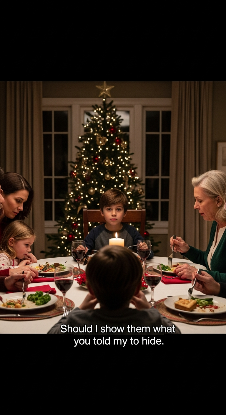 At Christmas dinner, my mother-in-law snapped at my 5-year-old daughter. Everyone kept eating, pretending nothing happened. Then my 8-year-old son looked up and said, “Grandma, should I show them what you told me to hide?” The entire room froze.