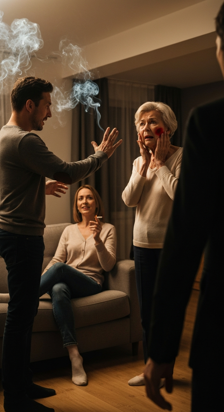 I calmly asked my daughter-in-law not to smoke because of my health. My son snapped, ‘Shut up! You stink worse than smoke!’ and slapped me. His wife smirked. But just 15 minutes later… something happened that he didn’t see coming.