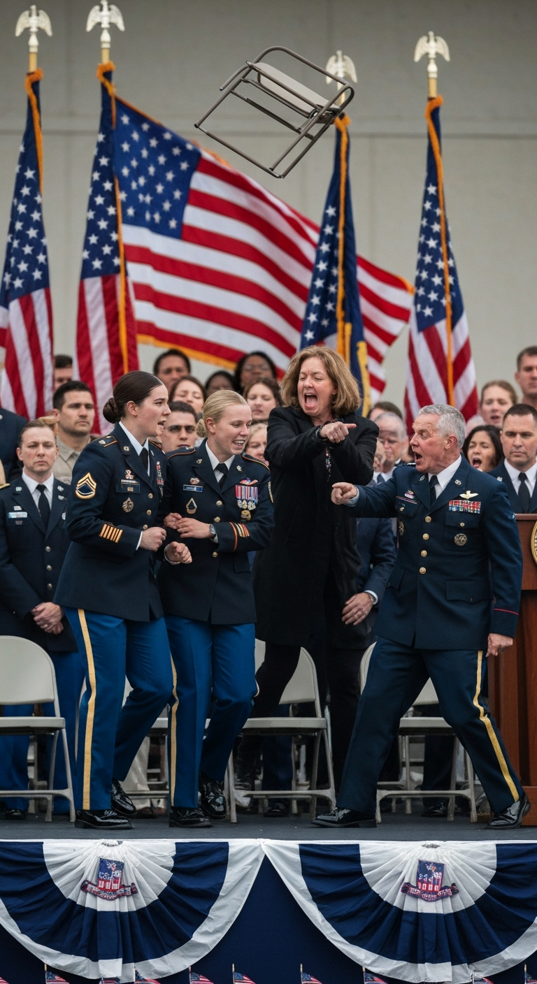 At my purple heart ceremony, my stepmom swung a chair—and shattered my arm, as I carried a veteran to the stage. She screamed, “you’re still trash in uniform! You whore,” as the crowd watched in horror. The 3-star general stood, furious, and said: She’s no trash—she’s the…