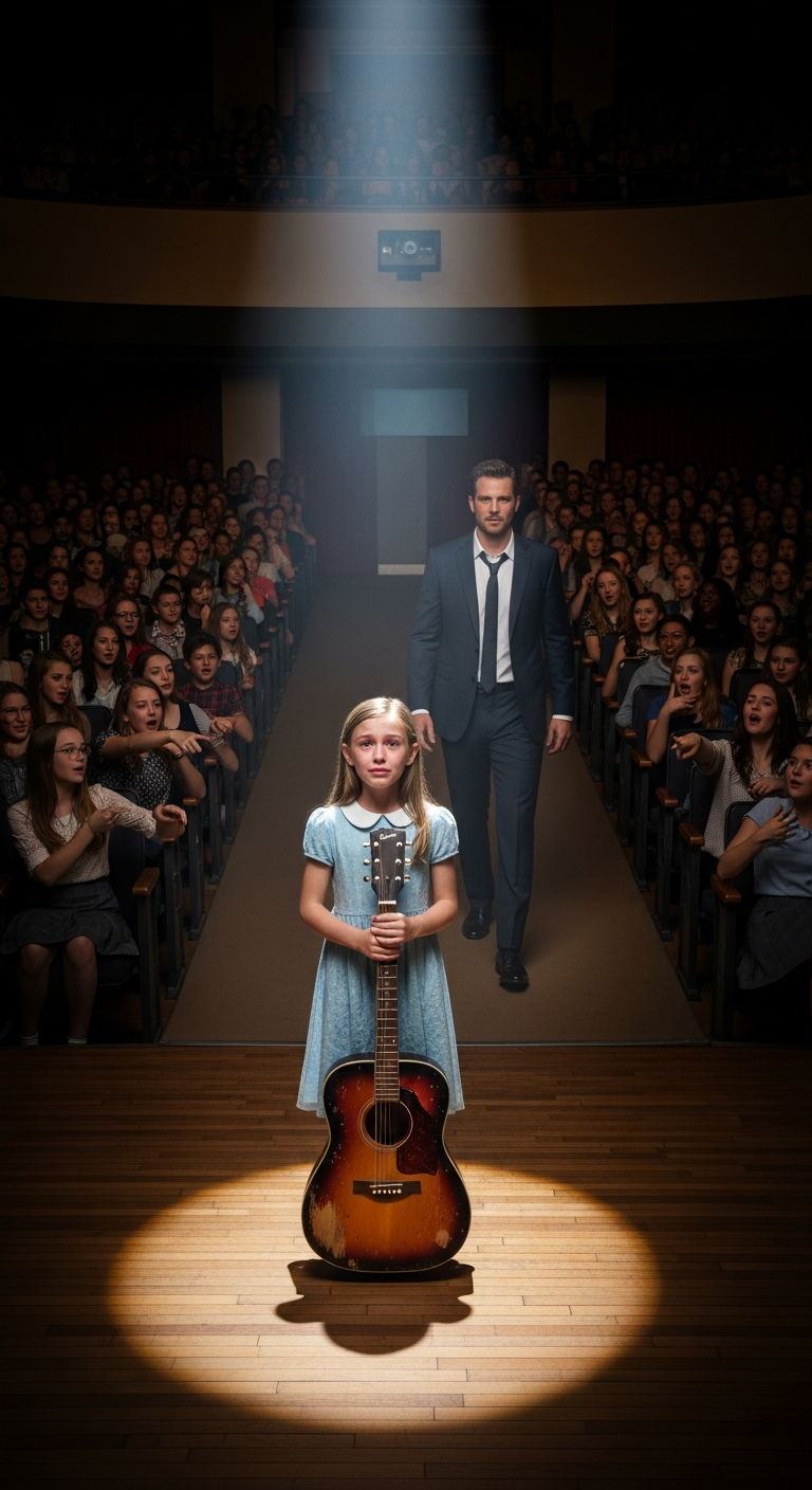 They called her “the poor girl.” At the school talent show, she stood alone on stage, holding a beat-up guitar, fighting tears as the crowd laughed. But then a stranger in the back row rose to his feet and walked forward… the room went silent.