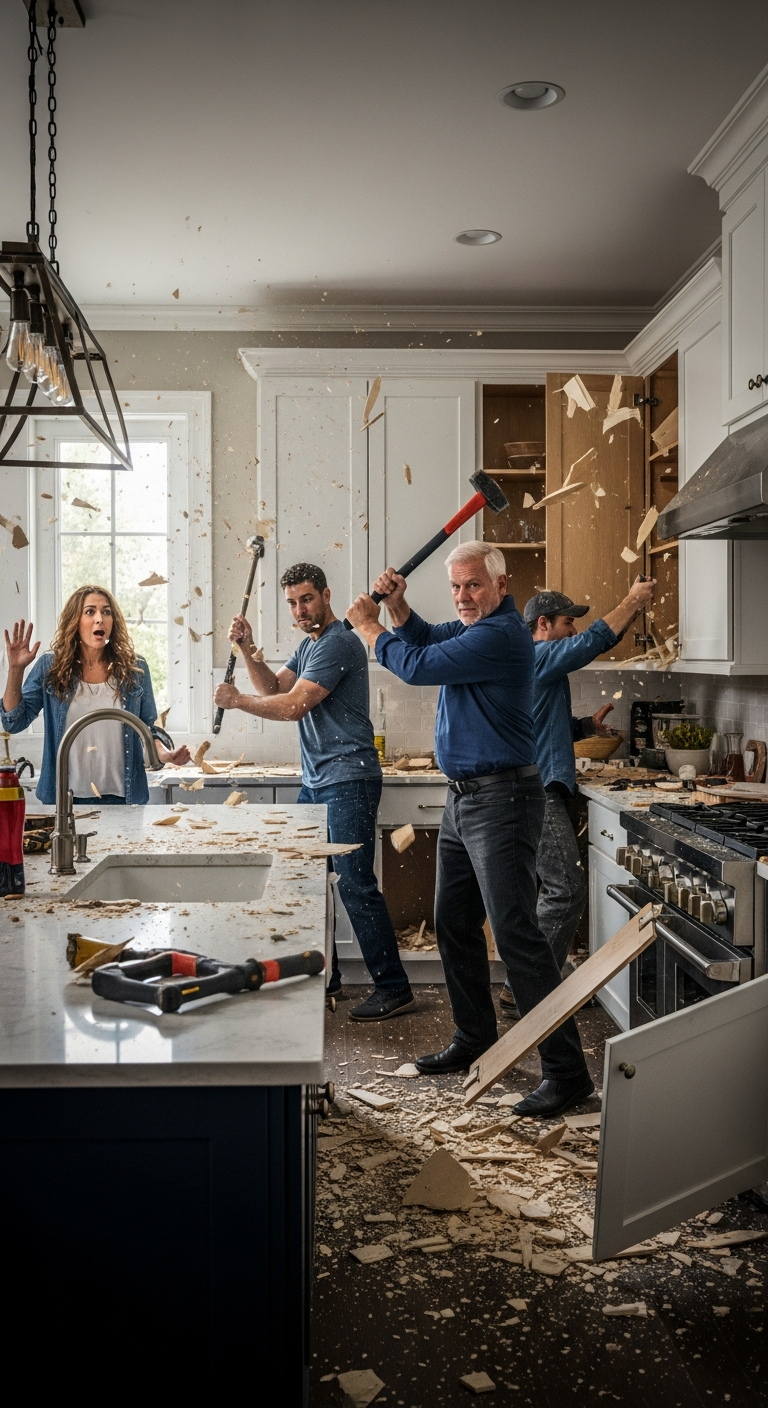 I came home early from work and found my stepfather destroying my $90,000 kitchen with a sledgehammer while my sister’s crew ripped out my custom cabinets. When I tried to stop them, he punched me in my own living room, but what I did next made them lose everything…