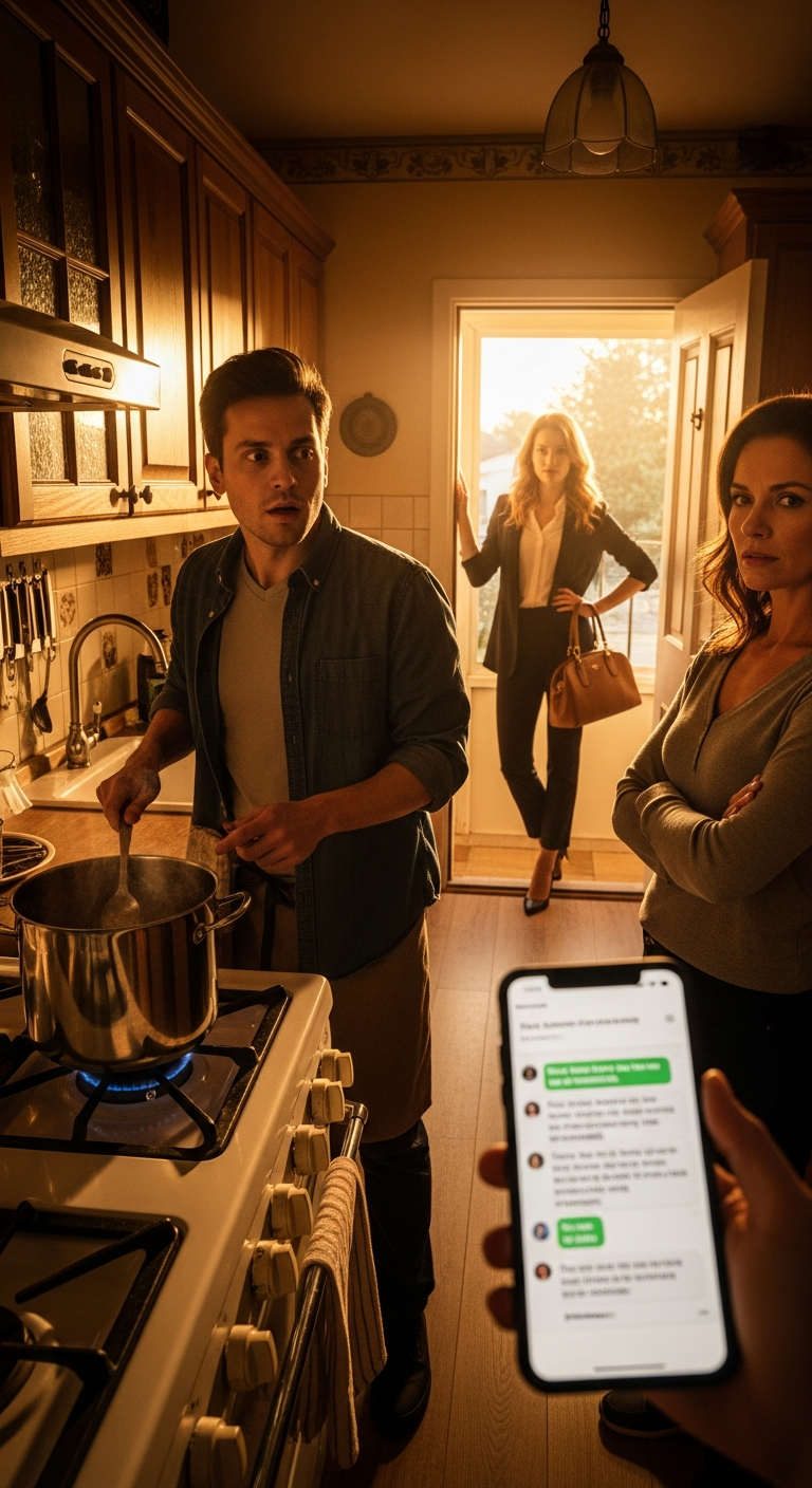 While my husband was making dinner, I got a message from one of his coworkers: “I miss you!” I replied for him: “Come over, my wife isn’t home today.” When the doorbell rang, my husband’s face froze…