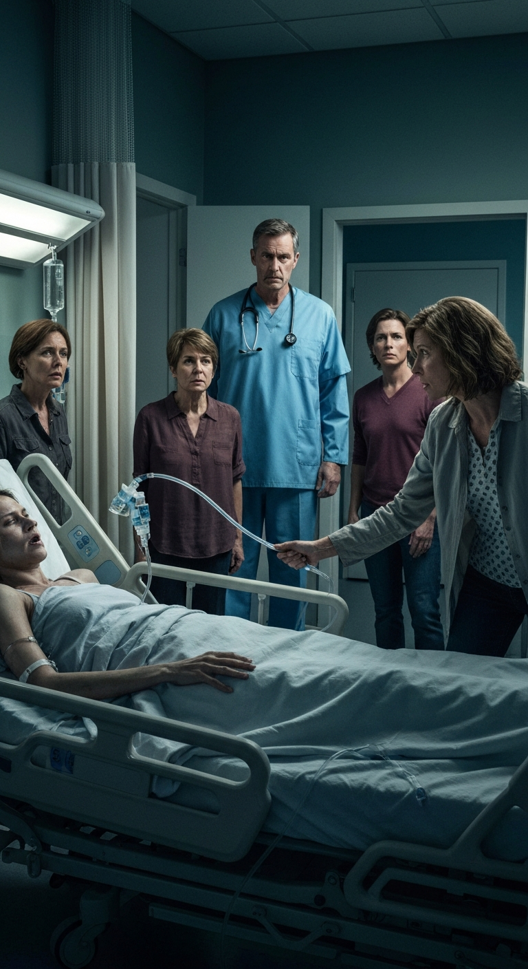 In the hospital room, my sister yanked out my oxygen tube and said, “stop faking it—you just want pity.” My parents stood there, saying nothing, as I struggled to breathe. None of them knew my surgeon was right behind them. At grandpa’s will reading, he stepped forward, touched my sister’s shoulder, and spoke six words that ended everything.