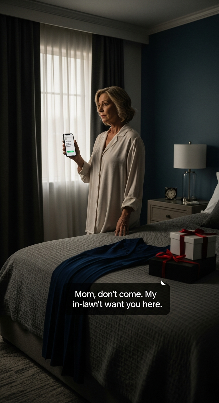 My son texted: “Mom, don’t come. My in-laws don’t want you here.” I was already dressed, with my outfit picked and the expensive gift on the bed… for the party I paid for. I didn’t cry. I just made one call that… Left everyone absolutely stunned…