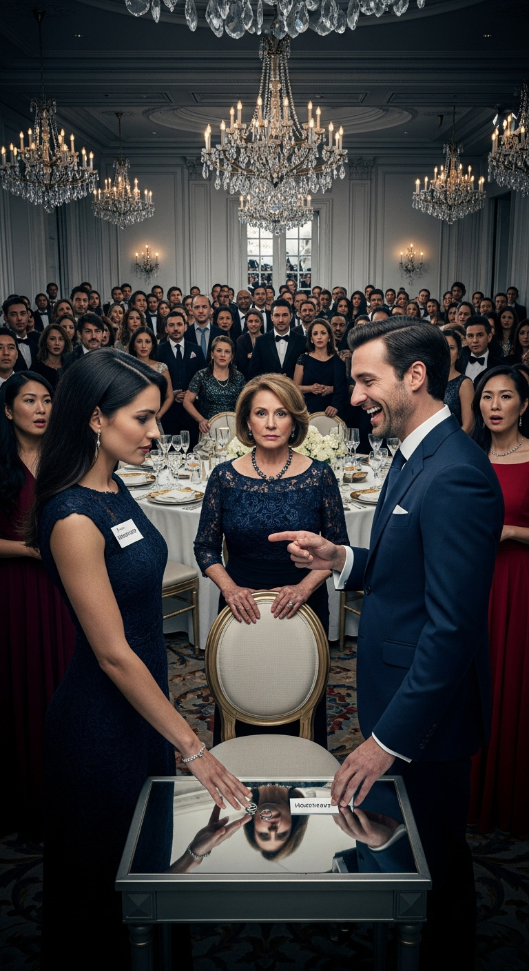 At a luxury party, my mother-in-law handed me a name badge. It read: “Housekeeper.” My husband laughed and said, “Food’s for family.” There was no chair for me at the table. I removed my wedding ring and set it down in front of 300 guests. They thought they’d put me in my place. They had no idea what I was about to do.
