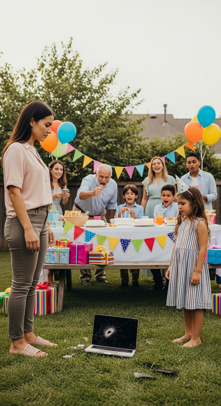 At my daughter’s birthday party, my nephew ripped open her gift and shouted, “The MacBook is mine!” Everyone laughed. When I told him to return it, my dad grabbed it and smashed it, yelling, “This is punishment for being selfish!” What I did next made them face the consequences.