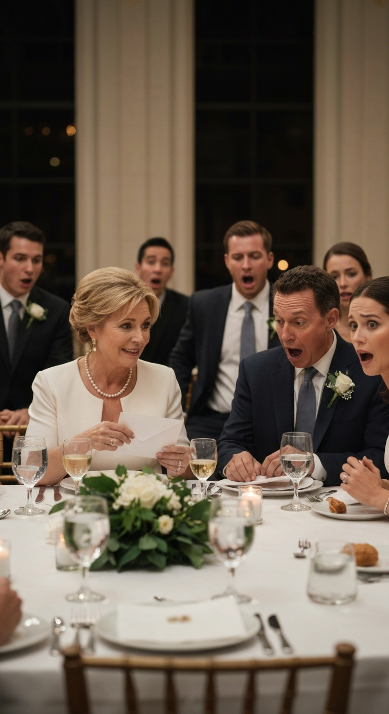 At my son’s wedding dinner, my husband announced, “This is the end for us. I’ve found someone new.” His girlfriend sat across from me, smiling. Everyone froze. I leaned in and said, “Thanks for the heads-up.” Before leaving, I slipped him an envelope. What he saw inside left him screaming…