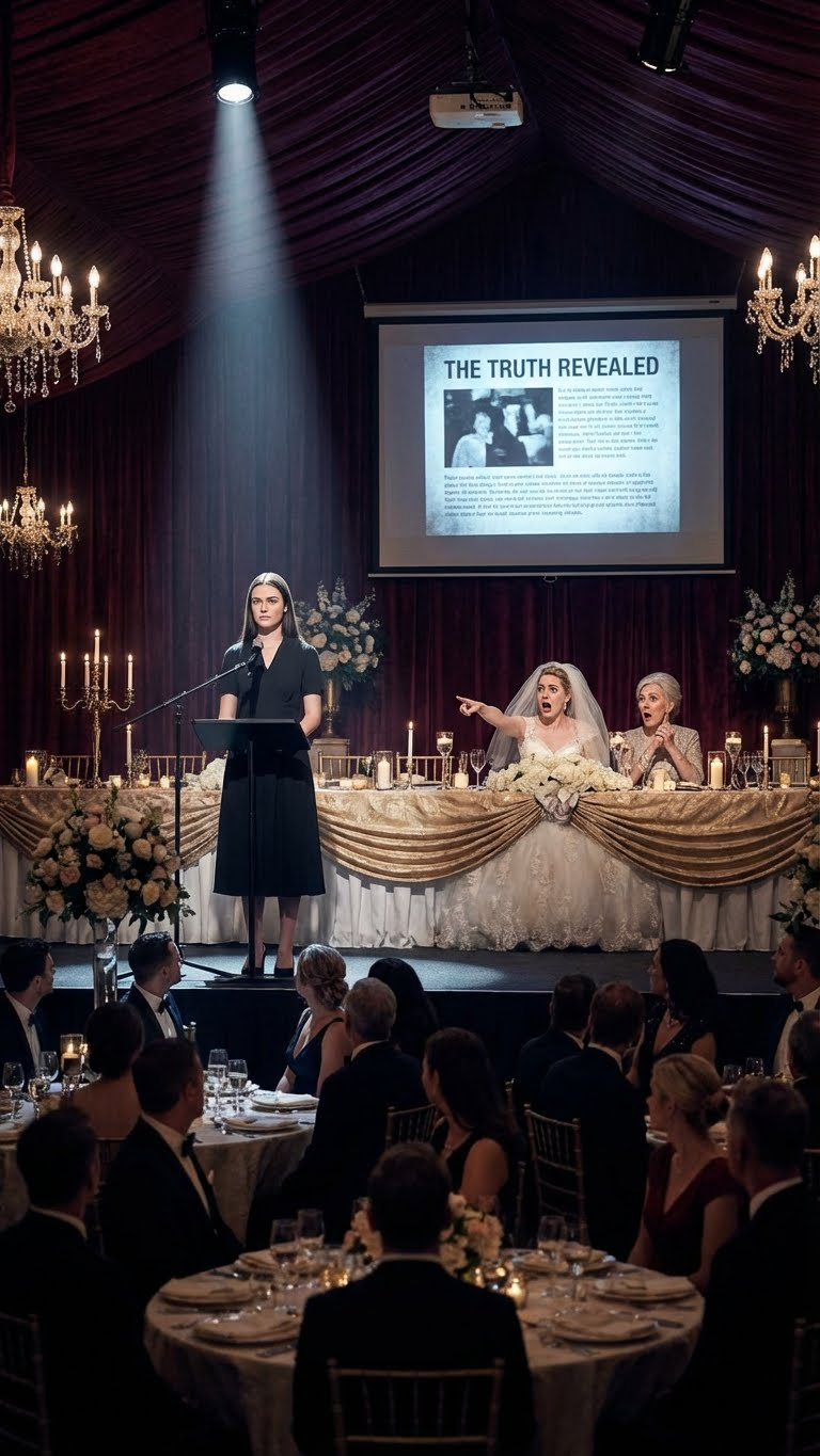 At my sister’s $1.2M wedding, all I got was a cold slice of pizza. My mother sneered, “Pay the seating fee.” My sister smirked, “Enjoy the leftovers.” During the speeches, I took the mic. “I have a special presentation.” The screen lit up. Their faces went pale. “Turn it off!” my sister screamed. Two hundred guests froze. Revenge served cold.