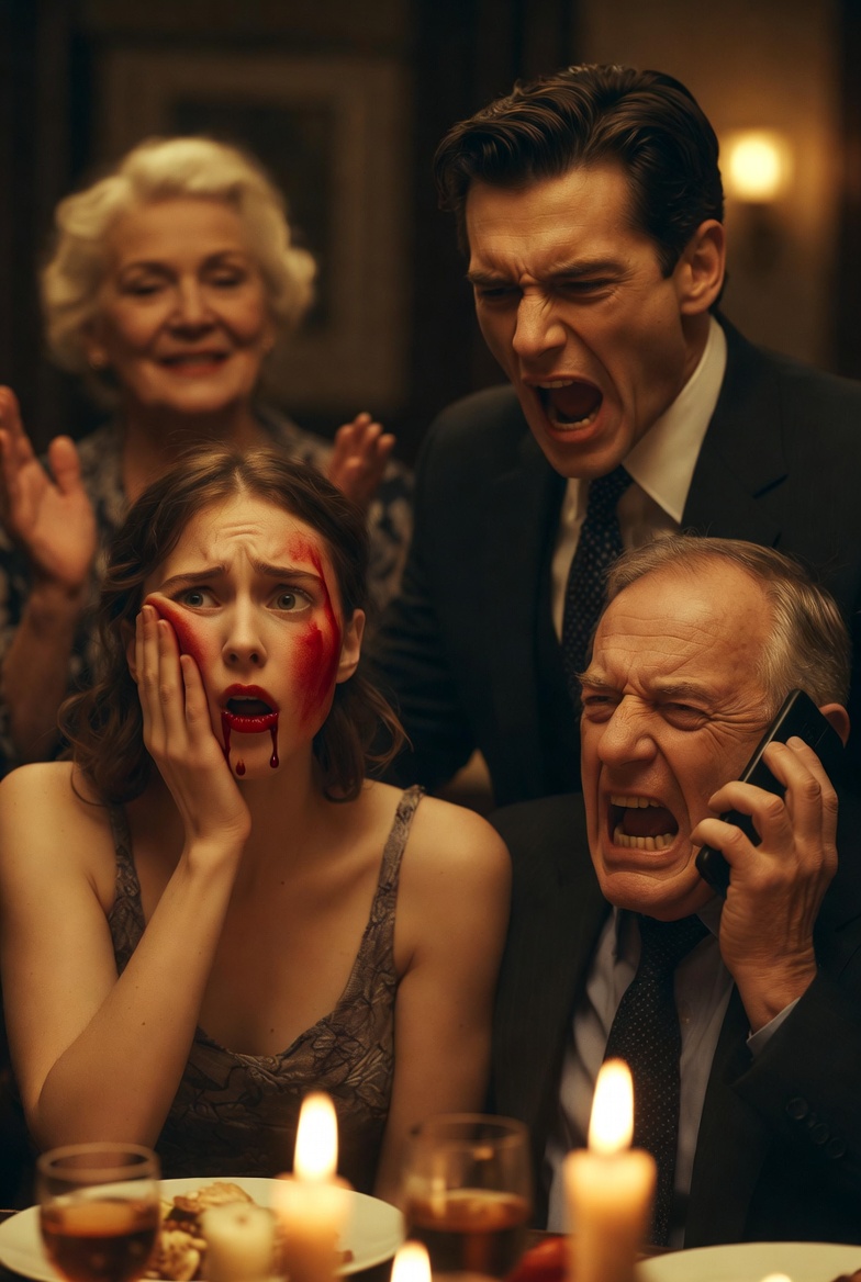 AT DINNER MY SON-IN-LAW SLAPPED MY DAUGHTER THREE TIMES AND PUSHED HER. HIS MOTHER CLAPPED AND SAID “THAT’S HOW SHE LEARNS TO BEHAVE.” MY BLOOD RAN COLD. I STOOD UP IN SILENCE. I TOOK MY PHONE AND MADE A CALL… 10 MINUTES LATER… THEY STARTED SCREAMING…