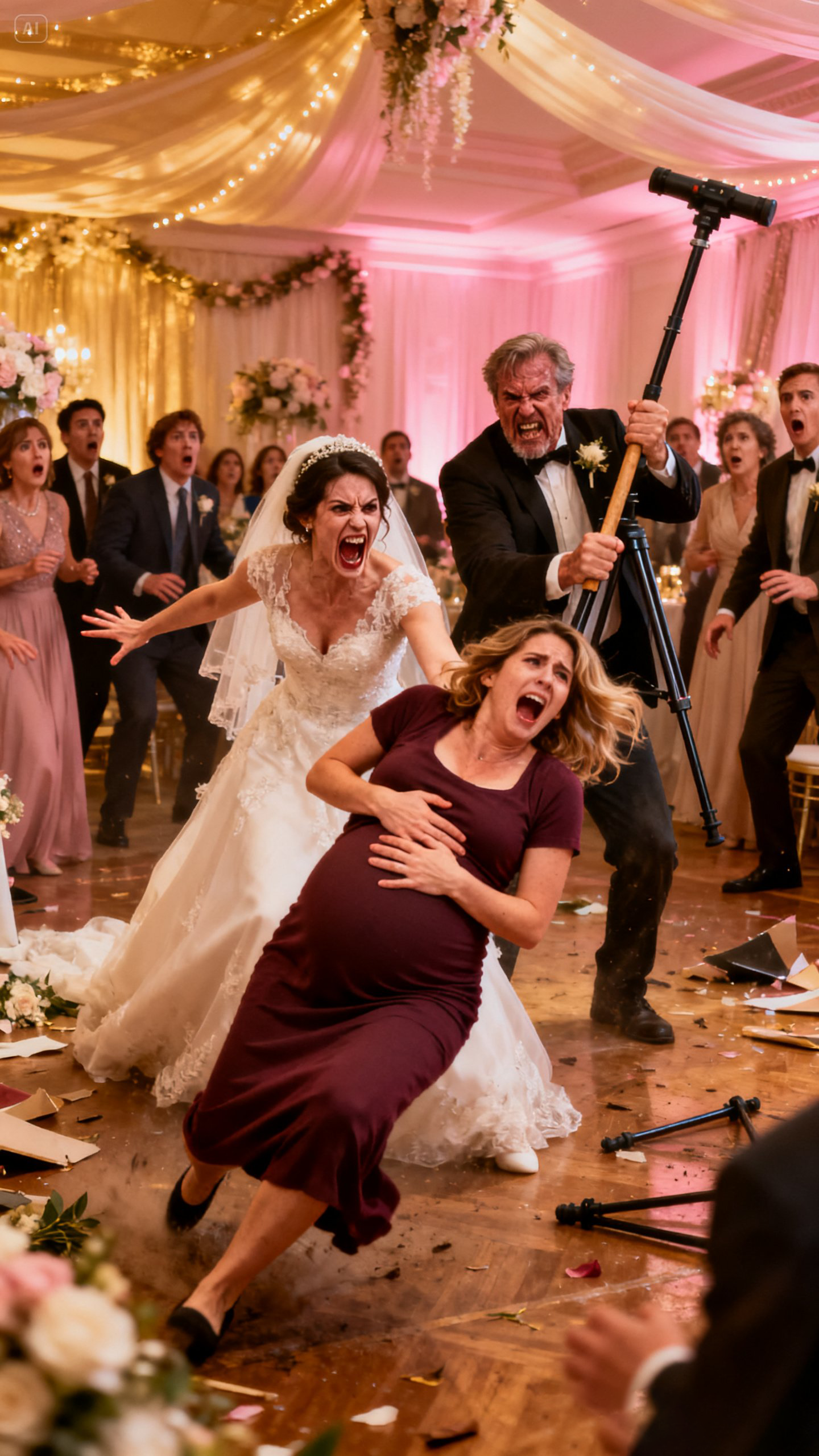 At my sister’s wedding, I was 9 months pregnant. Suddenly, my sister pushed me on purpose. I fell hard, and my water broke. Instead of helping, she screamed, ‘You ruined my marriage!’ My dad, furious, grabbed the camera tripod and h;i;t me ha;rd on the he;ad. As I was injured, both of them yelled, ‘You’ve ruined our honor!’ But just then, my husband walked in with a secret surprise that left them frozen in sh0ck.