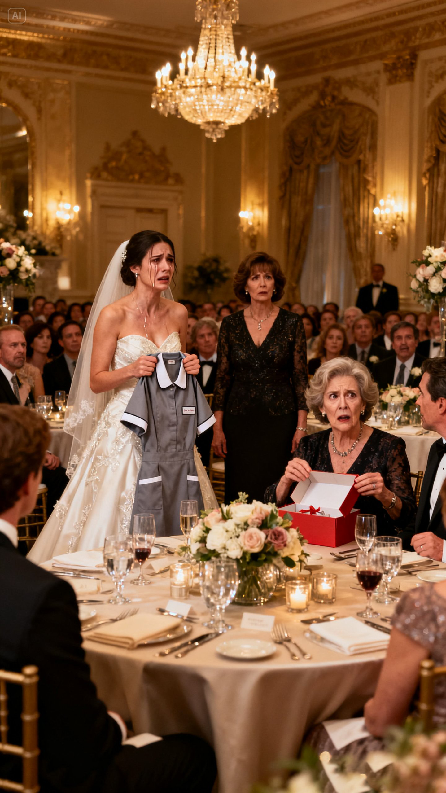 At my daughter’s wedding, her mother-in-law gifted her a housemaid uniform. My son-in-law smiled and said, ‘Perfect. She’ll need it at home.’ My daughter burst into tears. I stood up quietly and said, ‘Now… open my gift.’ When they saw what was inside the box, the entire room went silent.