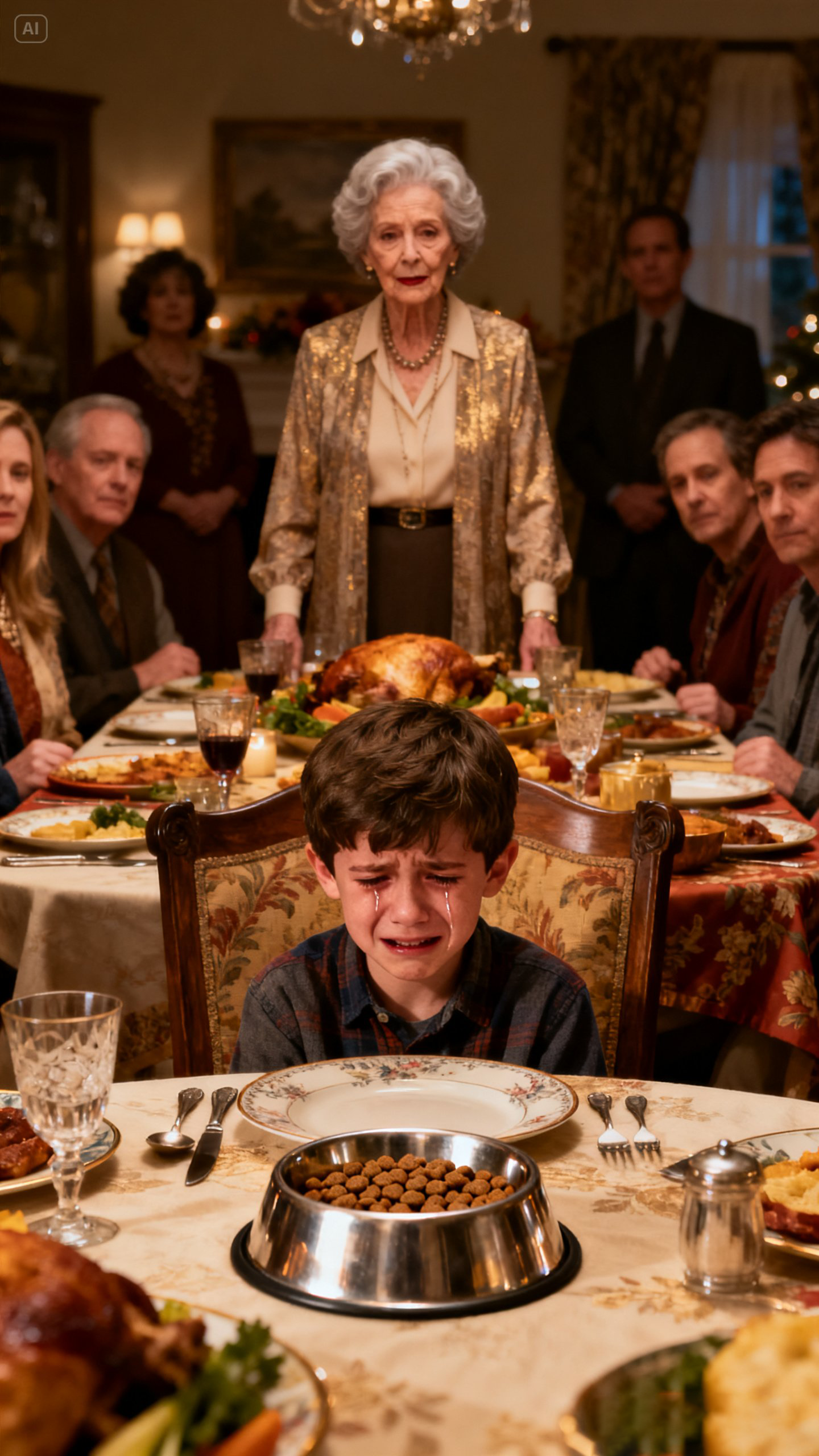 My son’s seat at Thanksgiving dinner had a dog bowl filled with dog food. Shocked, I looked at my mother-in-law as she smirked and said, “A child of someone from the slums doesn’t need a feast.” My son bit his lip, holding back tears. Silently, I took his hand and left the table. The next day, my mother-in-law showed up at my house in a panic.