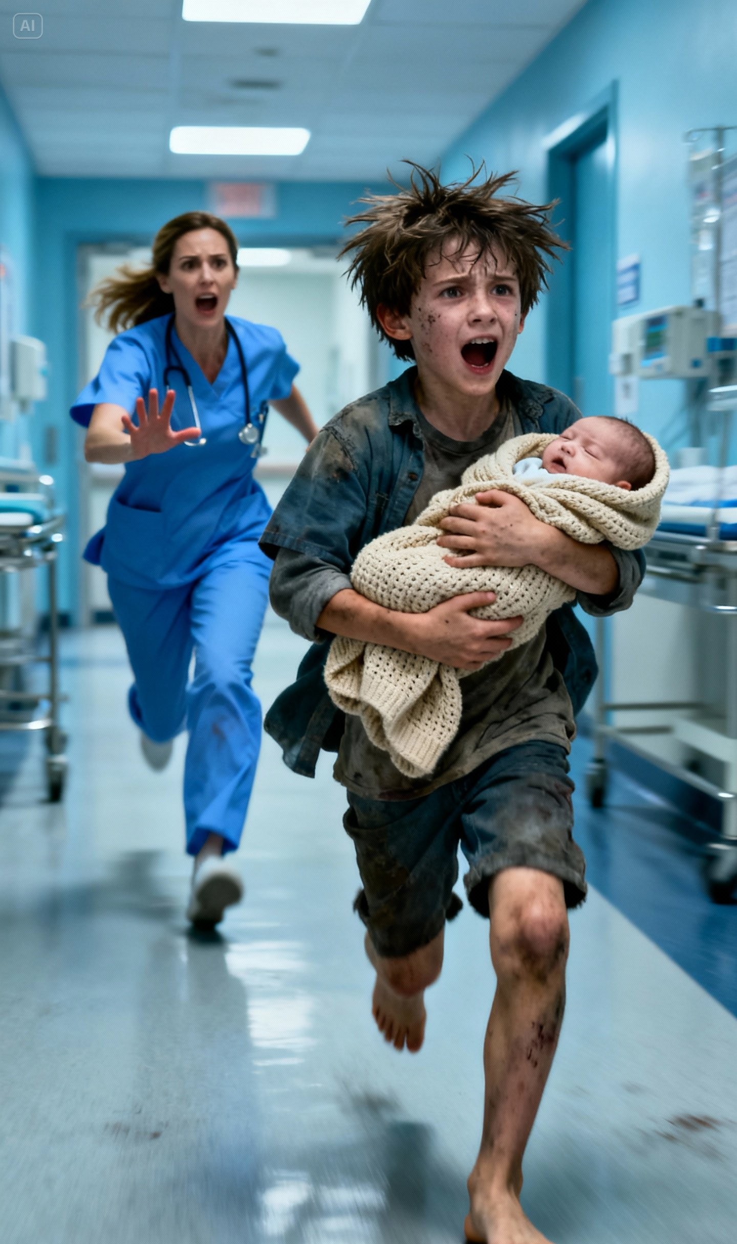 A barefoot boy walked into the ER, clutching his baby sister tight. “She stopped crying,” he whispered to the nurse. She froze when she noticed the deep bruises covering his small ribs. “Hide us,” he begged. “He’s right behind me.” Police rushed to his home, but when they kicked down the door, they uncovered a truth so horrific that the police captain dropped to his knees in total disbelief.