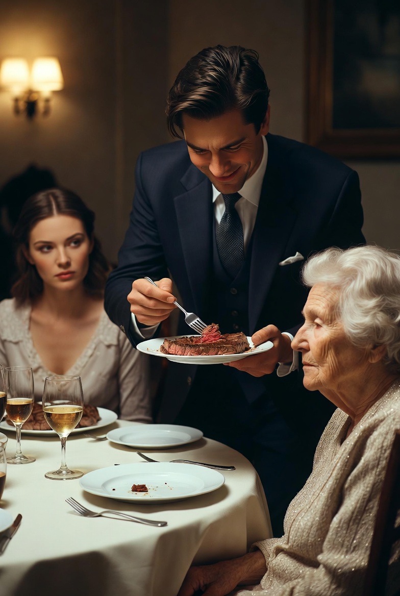 At dinner, my family ate steak and gave me the leftovers. “I hope it’s not too spicy for you,” she smirked. My son didn’t defend me; he only asked, “Did you transfer the funds for the car?” They treated me like a burden, forgetting that I paid for their entire lavish lifestyle. I left without a word. When the notification appeared on my son’s phone the next morning, he fell to his knees…