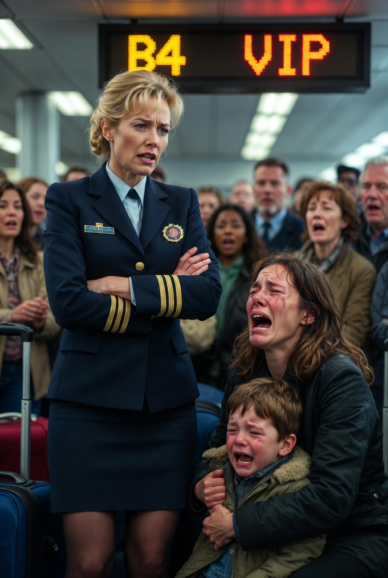 The ground staff blocked me with a sneer, treating us like nuisance cargo. “Your tickets are void,” she stated icily, looking down her nose at us. “A Priority VIP needs these seats immediately.” My son burst into tears, clutching my hand, but I didn’t waste my breath arguing. I simply pulled out my phone and triggered “Code Red.” Five minutes later, the PA system didn’t just crackle—it boomed a chilling order that silenced the terminal: “Emergency. Flight grounded indefinitely by Supreme Security Command.” The airport director came sprinting, drenched in cold sweat, his face drained of color as he recognized the insignia on my screen. He stammered, pure terror in his eyes as he realized his career was over: “Ma’am, please… I had no idea I was blocking the path of the one person who actually owns this airspace.”