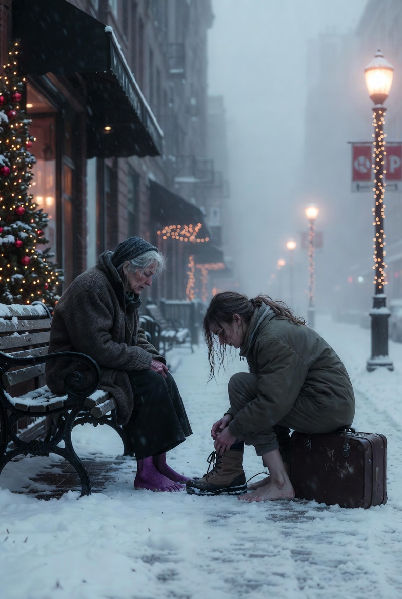 At Christmas Eve, my parents threw me out with a suitcase. My sister smirked, “Let’s see how you manage!” I shivered on a snowy bench. Spotting a barefoot, purple-faced woman, I handed her my winter boots. An hour later, 19 black BMWs surrounded me… The woman said just one sentence.