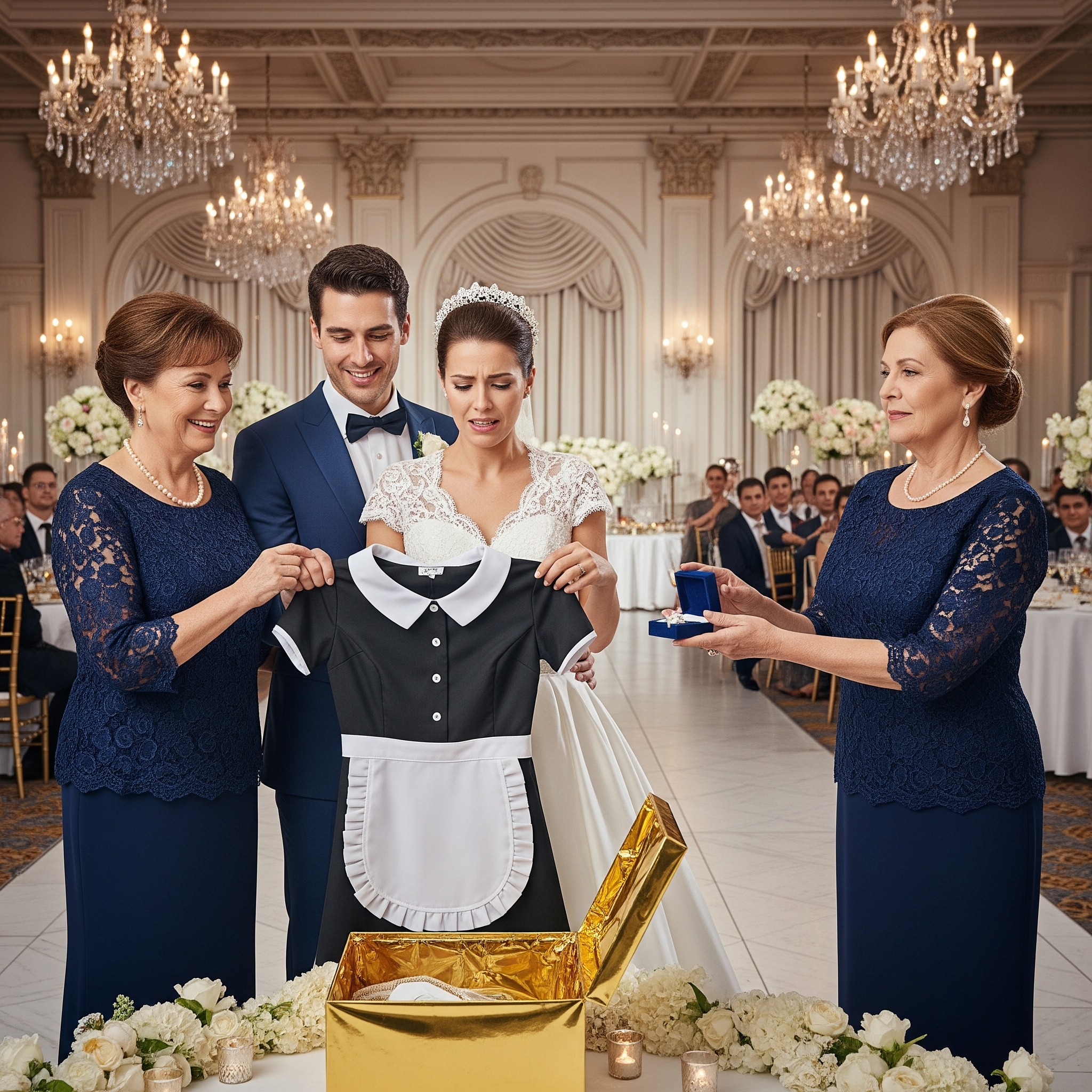 At my daughter’s wedding, her mother-in-law presented her with a gift box. When my daughter opened it, she found a housekeeping uniform inside. My son-in-law grinned and commented, “Just what she’ll need at home.” My daughter’s eyes filled with tears, and she began to tremble. I rose quietly from my seat and said, “Now, let’s see the gift I have for you.” As my daughter opened my box, the expressions on their faces turned to utter shock.