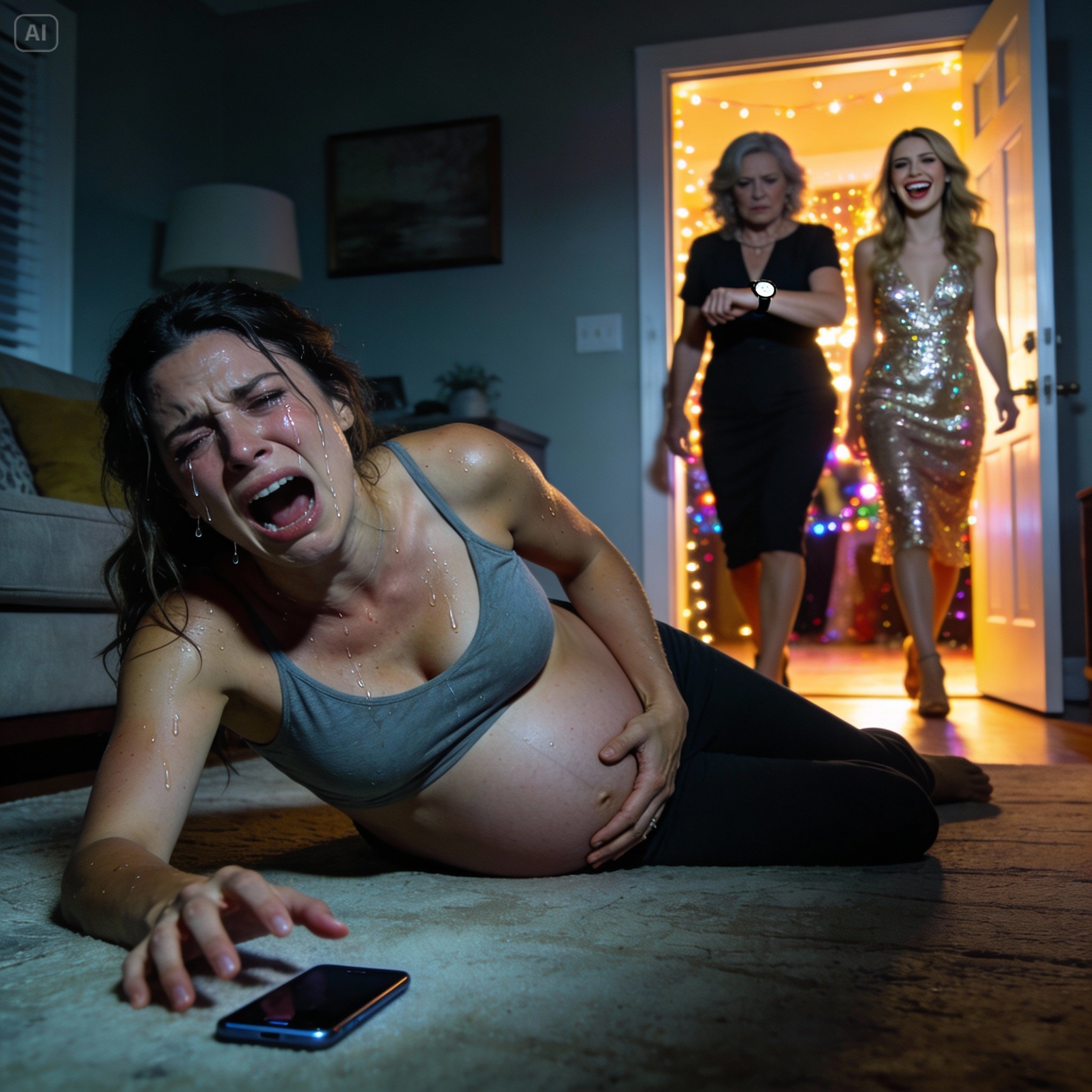 “Mom… please… I’m about to give birth.” I clung to the sofa, trembling. She looked at her watch and said, “Sorry, it’s your sister’s party today. Call an Uber.” My sister laughed loudly, “I’m the star of the show today. Don’t ruin it.” After they left, I collapsed. A few days later, they arrived at the hospital… and screamed in horror