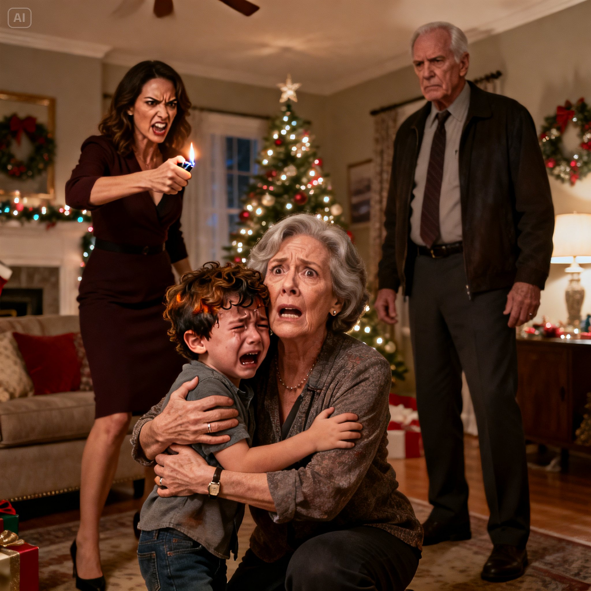 At a Christmas party, my daughter-in-law set fire to my three-year-old grandson’s curly hair. “This filthy hair! It deserves to be burned!” The boy screamed and hid behind me… my husband stood silently watching, then he spoke, and everyone fell silent…