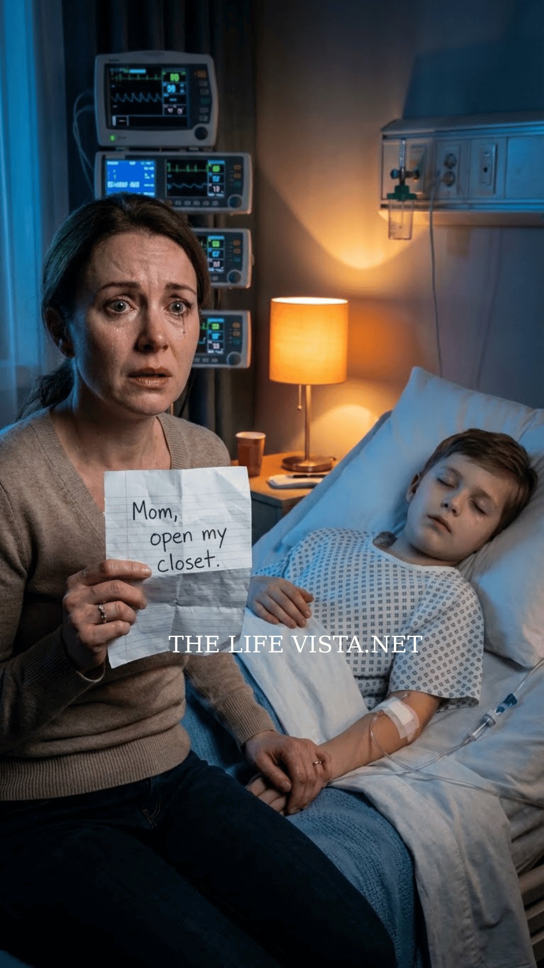 My son slipped into a coma after an accident. The doctor told us, “The chances of recovery are very slim.” My husband collapsed in tears and left the room. When I took my son’s hand, I felt something—he was gripping a small piece of paper. I unfolded it and saw shaky handwriting: “Mom, open my closet.” That night, when I opened the closet, I was left completely speechless….