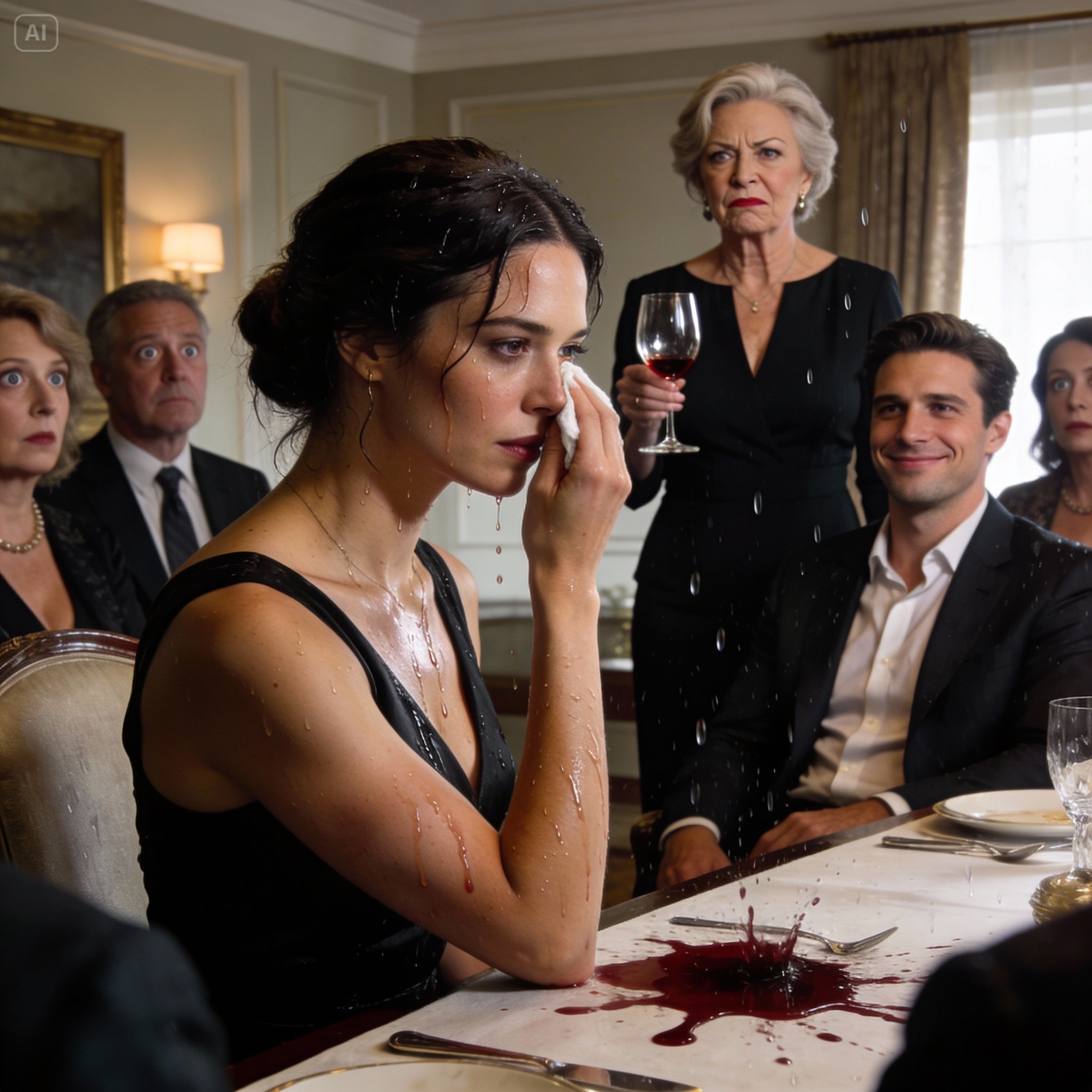 At the very first meeting with my fiancé’s family, his mother threw a glass of wine in my face and laughed cruelly, “Just disinfecting the poor! Want to marry my son? Pay $200,000 — now.” I turned and saw him smiling along with her. I wiped the wine from my face, smiled slowly, and said quietly, “Fine… then I’m terminating every contract with your company.” And instantly, the entire room went ice-cold.