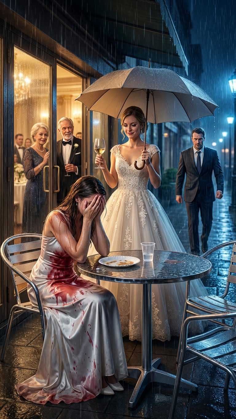 At my sister’s wedding, my mother sat me by the trash in the rain. “We’ll bring you leftovers,” she said. “You’re an embarrassment,” my sister sneered, pouring wine on my dress. They didn’t know my “farmhand” husband was the billionaire investor they were all trying to impress. When he finally walked into the ballroom, their perfect world came crashing down.