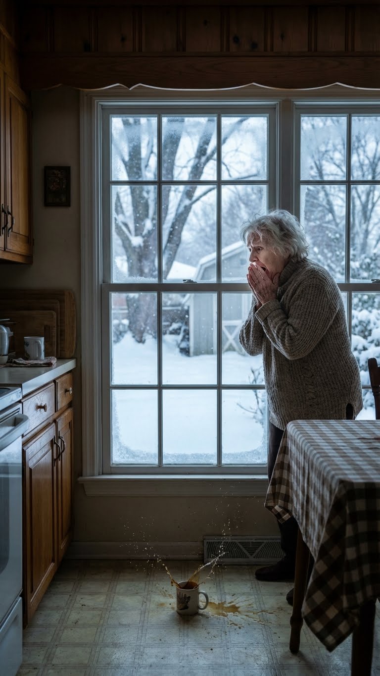 At the store, I paid for an elderly woman’s groceries. She leaned in and whispered, “When your husband leaves, don’t touch the snow in the yard.” I laughed but listened. The next morning, stepping onto the porch, I nearly collapsed at what I saw…