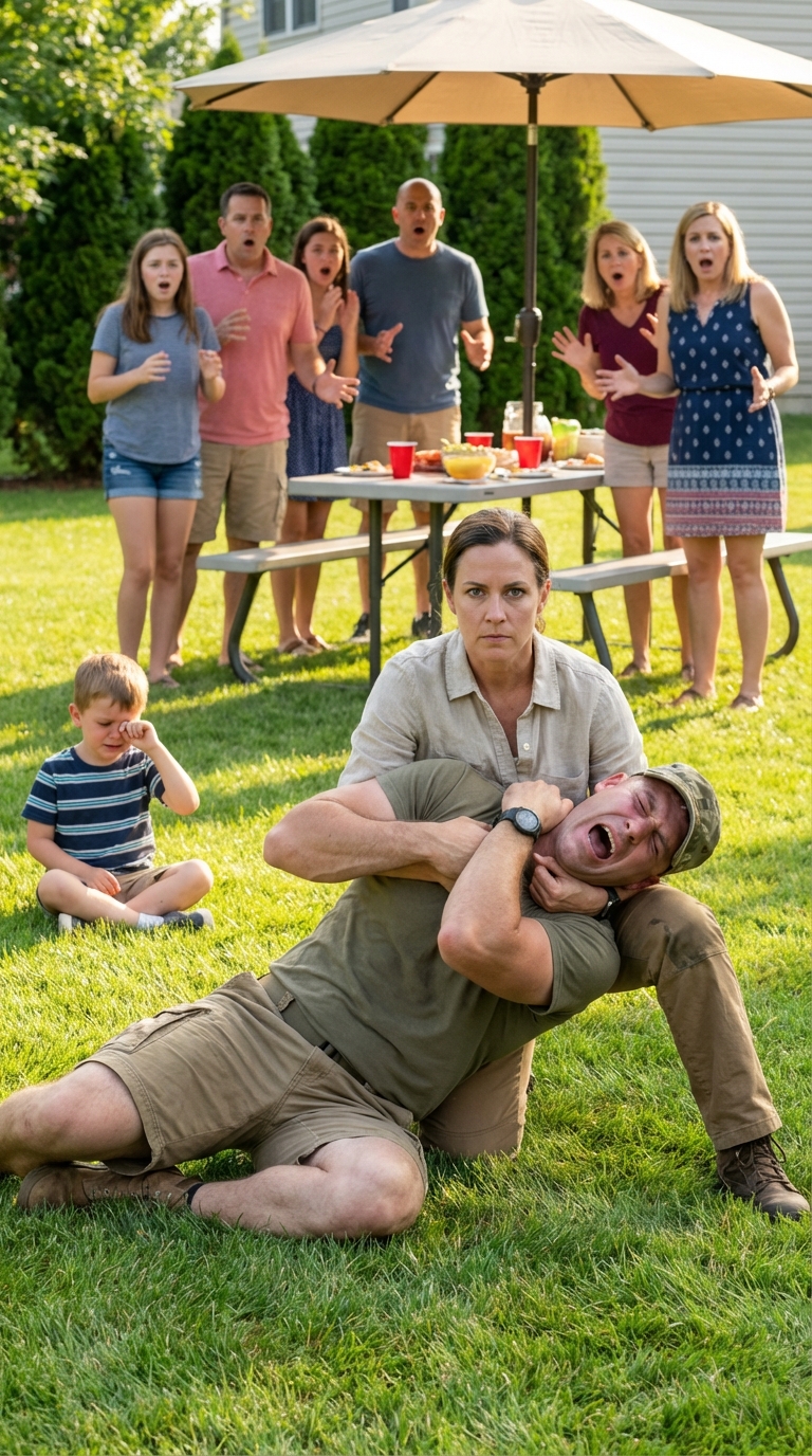 My Marine cousin mocked my “desk job” at the barbecue. He lunged at me, thinking I was weak. “I’ll teach you a lesson!” he yelled. I didn’t flinch. I pivoted. One kick, one choke—and he was unconscious in six seconds flat. I whispered, “Don’t mistake silence for weakness.” The family screamed in horror.
