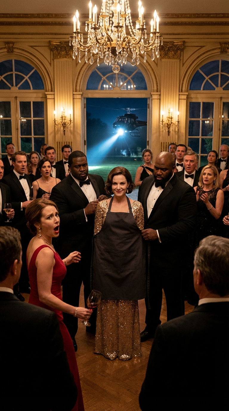 My high school bully invited me to the reunion, demanding I wear a maid’s uniform to “know my place.” I served her drinks for hours while she mocked me. Then, a royal helicopter landed on the lawn. My bodyguards ripped off my apron, revealing a gown of liquid gold and the crown jewels. “You wanted a uniform,” I smiled, “but you forgot to ask who I really am.”