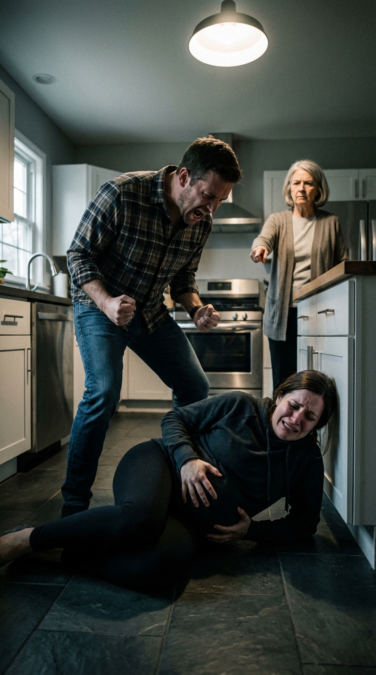 My mother-in-law pointed at me and screamed, “You’re useless!” Before I could breathe, my husband roared, “How dare you disrespect my mother!” His fists came down as I shielded my eight-month belly, pain exploding, blood soaking the floor. Sirens. White lights. In the ER, I heard the nurse whisper, “Ma’am… this injury isn’t from a fall.” And then she said something that made him freeze.