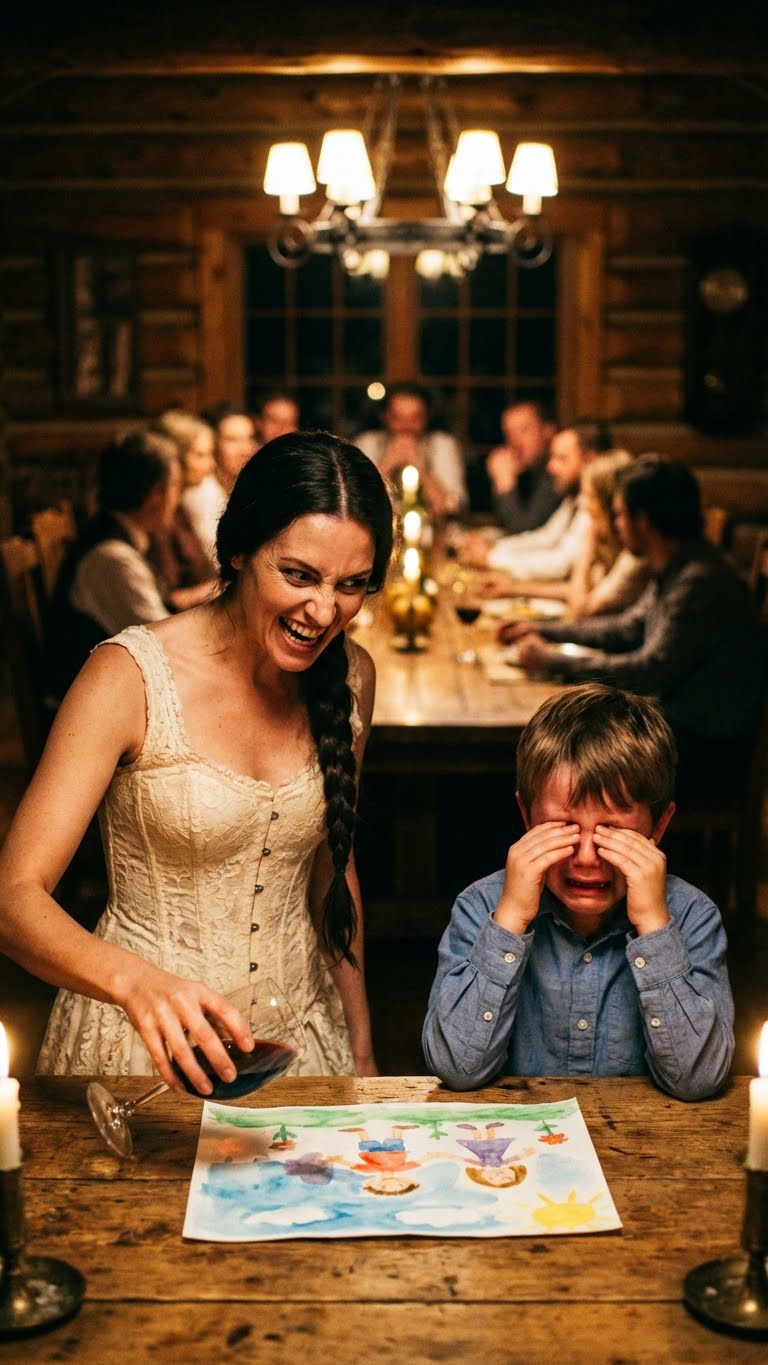 My sister dumped a glass of wine all over my six-year-old son’s birthday artwork while the room filled with laughter. Mom rushed to protect the tablecloth—not my child. I said nothing, until my dad suddenly stood up, removed his wedding ring, and let it fall into the pool of red. Then he pulled out a leather notebook he’d kept hidden for years… and ten minutes later…