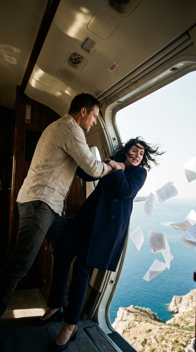 Just as the helicopter lifted off the coast, my husband suddenly whispered, “Goodbye, love… and thanks for the insurance money.” One hard shove sent me—his pregnant wife—falling out of the craft and into the sea. He thought he had erased every trace. But when he returned to the hotel, the dark room suddenly lit up with a familiar recording: “You really think I didn’t keep a copy of your plan?” In that moment, his triumphant smile vanished as I stepped in with the police behind me…