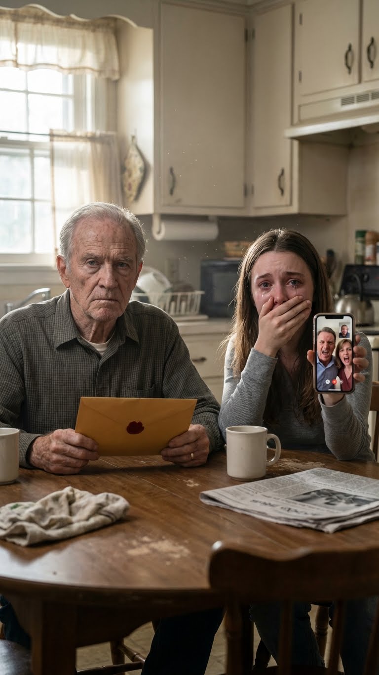 My phone buzzed at 7:12 am. “Grandpa died last night,” my father said coldly. “Funeral Friday. He left us everything. You get nothing.” I heard my mother laughing in the background: “Finally you’re out.” I didn’t argue—I just put the call on speaker. Because grandpa was sitting right next to me at the kitchen table… alive. He held a sealed envelope from the attorney and listened in silence. Then he leaned toward the phone… But as soon as he said one word…