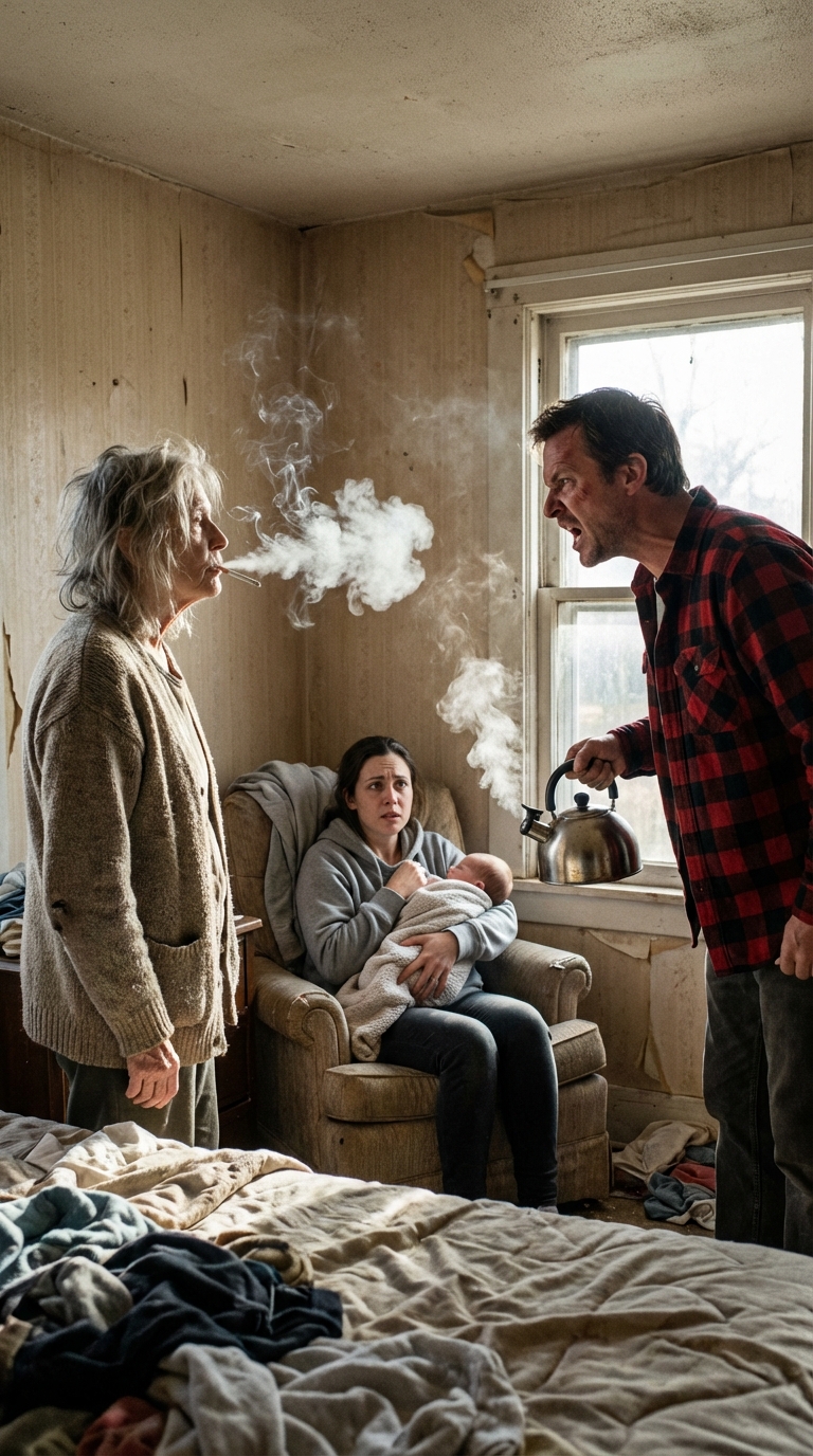 I politely asked my mother-in-law not to smoke in the room because our baby was sleeping there. My husband suddenly yelled, “Shut up! You smell worse than cigarette smoke!” and then poured boiling water over me. His mother just stood there, smirking. But ten minutes later, I did something he never expected…