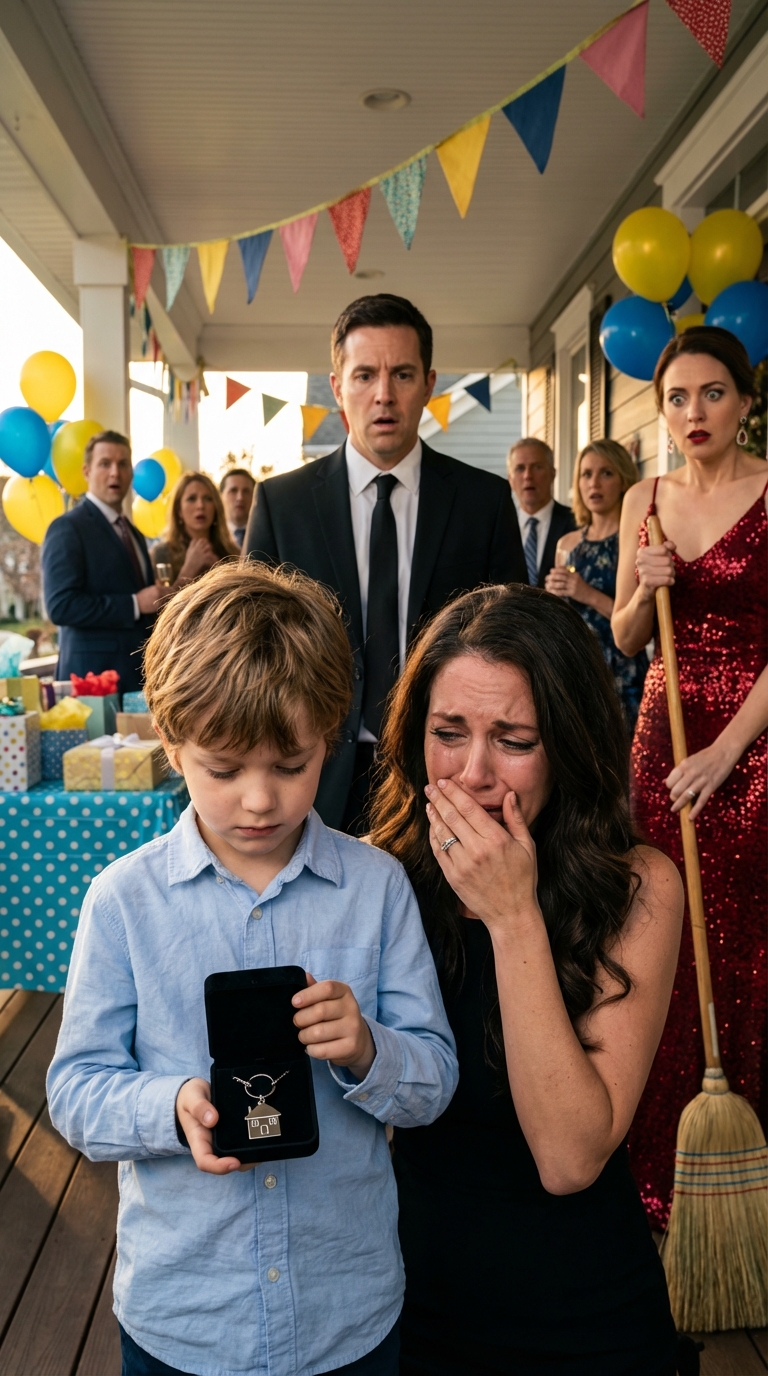 My ex-husband showed up at our son’s birthday party with his new wife. She handed my boy a broom and said, “Go help your mother clean — that’s what you’re supposed to do.” My son looked at me, cheeks burning with shame. I didn’t say a word… not until he unwrapped his last present. And the second she saw what was inside, all the color drained from her face.