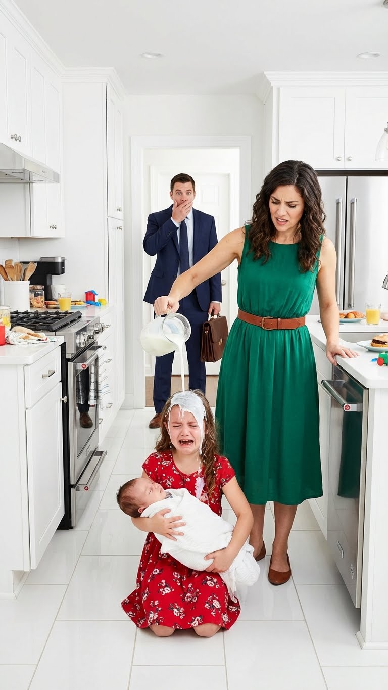 “You’re a bad girl,” the stepmother sneered, soaking the shivering child in milk. She laughed, thinking no one was watching. I stepped into her kitchen. “That’s enough,” I said. She threatened to call the cops. “They’re already here,” I replied.