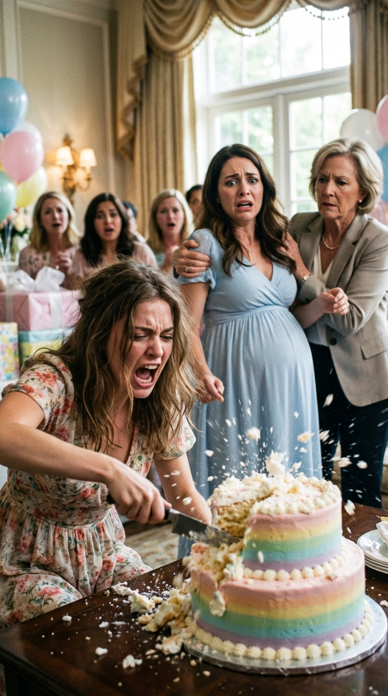 My sister stabbed my baby shower cake 47 times, screaming, “You ruined my life!” and lunged at my stomach with the k;n;ife. My husband supported her, but my own mother grabbed my arms and held me still. I’m due in three weeks, and she has a key to my house!