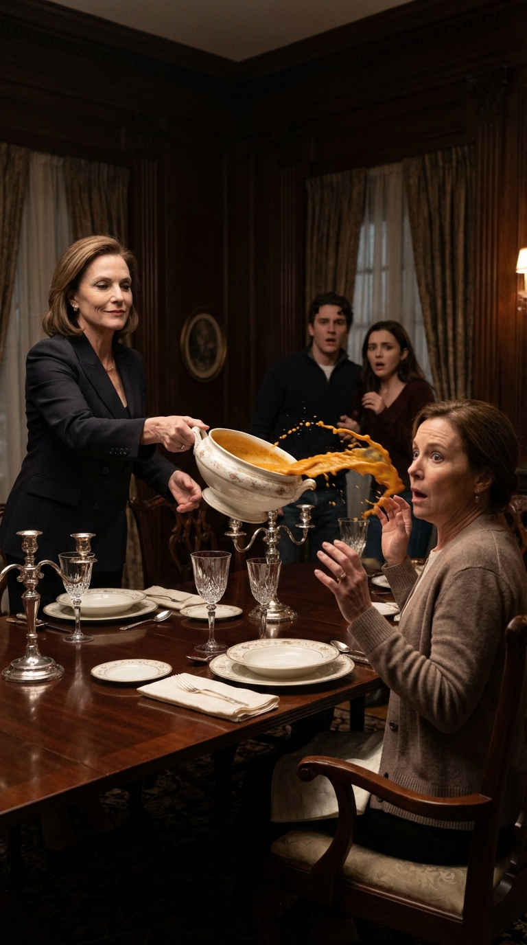 At dinner, my son’s mother-in-law suddenly grabbed the bowl and threw boiling soup straight into my face. My skin burned as she smiled coldly and said, “That’s what you deserve.” The room fell silent. My son froze. I wiped the soup from my eyes, my hands shaking—not from pain, but from the truth I was about to reveal. And that night, everything changed forever.