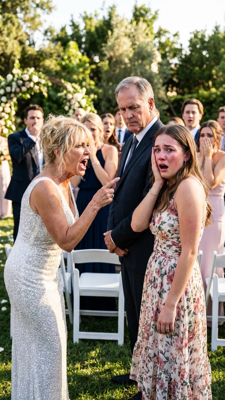 During my sister’s wedding, my dad’s girlfriend slapped me and shouted, ‘You’re sitting in my seat, you cheap girl!’ I looked to my dad for help—but he said, ‘Apologize to her or leave.’ I left… but not before making sure the truth would follow them.