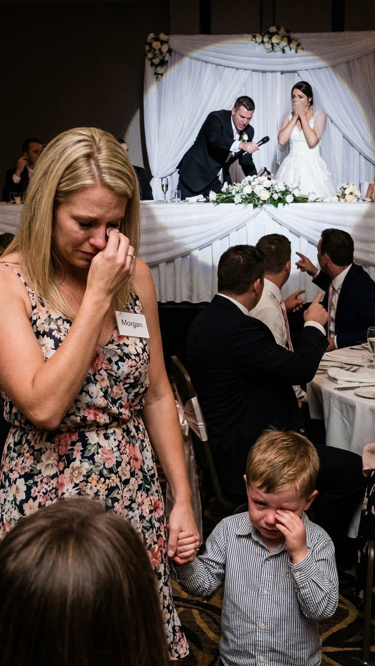 At my sister’s wedding, she mocked me in her speech: “My sister is a single mother, unwanted by anyone.” The room laughed. My mom added: “She’s a used product!”. Dad covered his mouth to stifle a chuckle. Then the groom stood up and grabbed the mic. The room froze.