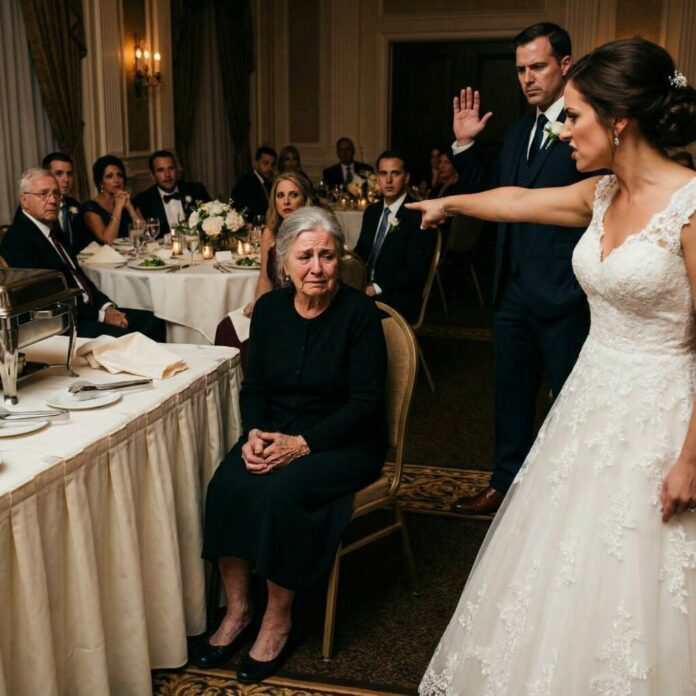 I stood frozen in the middle of my own son’s wedding when she sneered, “Don’t just stand there. Sit with the staff.” Laughter rippled through the room as she dragged a chair to the corner, treating me like a servant. My hands trembled—until a calm voice cut through the noise. “Stop this wedding. She deserves to know who this woman really is.” What happened next shattered every lie… and changed my son’s life forever.