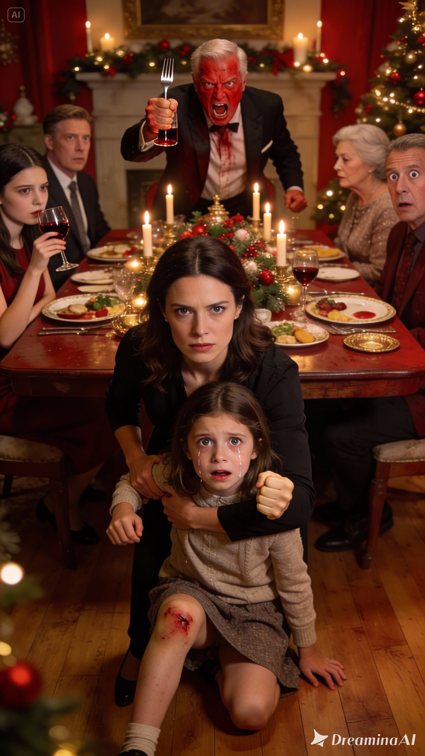 My dad pushed my 9-year-old daughter at the Christmas table. “That seat is for my real grandkid. Get out!” She hit the floor in front of the whole family—but everyone stayed silent. I didn’t cry. I said four words. My mom dropped her wine glass. My dad went pale…