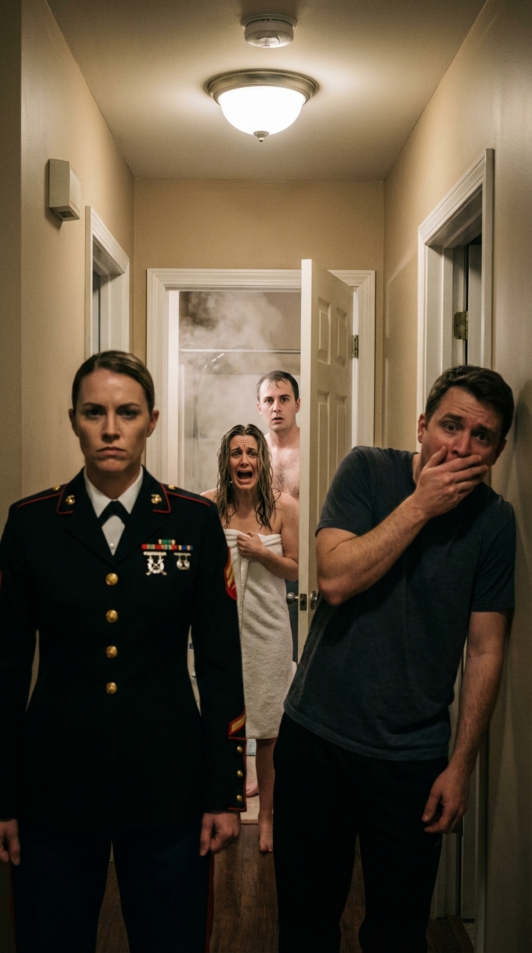 Just back from leave at Marine Corps headquarters, I came home early hoping to surprise my husband after months apart. Instead, I heard laughter from the bathroom and found him with the neighbor’s wife. I stayed calm, made one call, and ten minutes later, the truth detonated and changed everything forever.