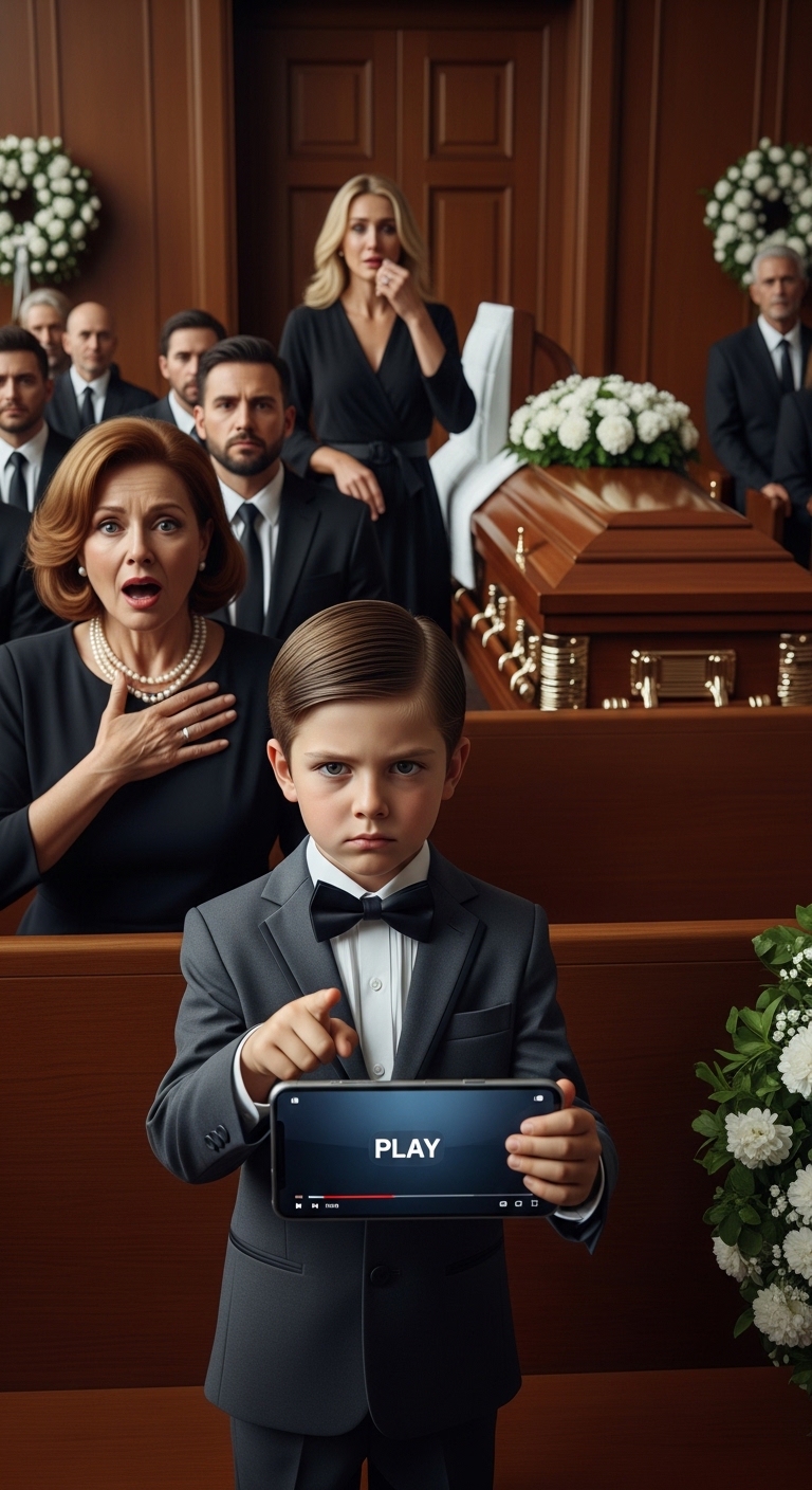 At my husband’s funeral, his mother looked straight at me and said coldly, “Better he’s gone now than forced to live with the embarrassment she brought him.” A few relatives nodded, whispering their approval. Before I could respond, my eight-year-old son rose from his seat, gripping his dad’s phone with both hands. “Grandma,” he said in a steady voice, “do you want me to play the recording Dad made about you last week?” Her expression collapsed instantly—the color drained from her face as the entire room fell silent.