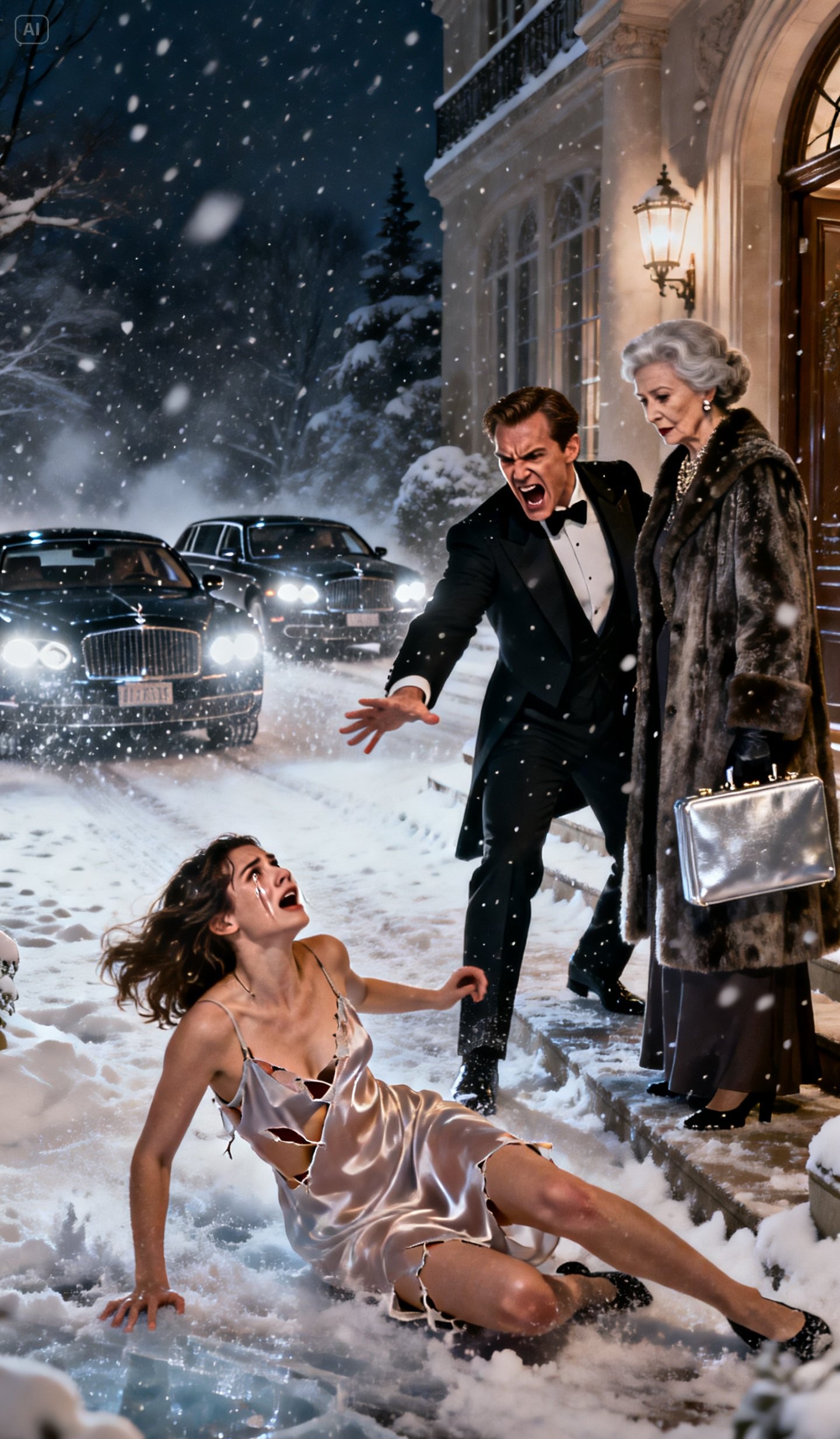 After my husband ripped my clothes and threw me into the street in the dead of winter, his mother leaned in with a cruel smile and sneered, “Let’s see if any beggar will pick you up.” I stood there shaking, humiliated—until I made one phone call. Thirty minutes later, engines rolled down the block, headlights cutting through the cold, and a line of Rolls-Royces pulled up like a final verdict.